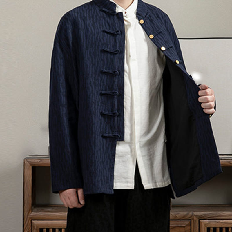 Casual Frog-Button Tang Suit Jacquard Linen Men's Shirt - Image 13