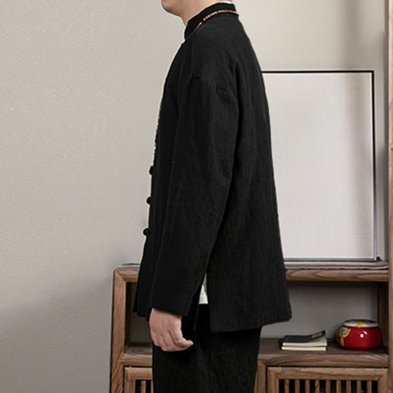 Casual Frog-Button Tang Suit Jacquard Linen Men's Shirt - Image 6