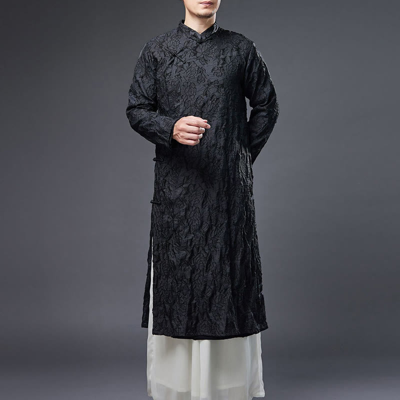 Fall Chinese Frog-Button Rose Peony Cotton Men's Tang Suit Robe - Image 3