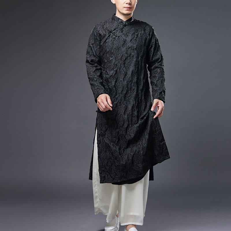 Fall Chinese Frog-Button Rose Peony Cotton Men's Tang Suit Robe - Image 4