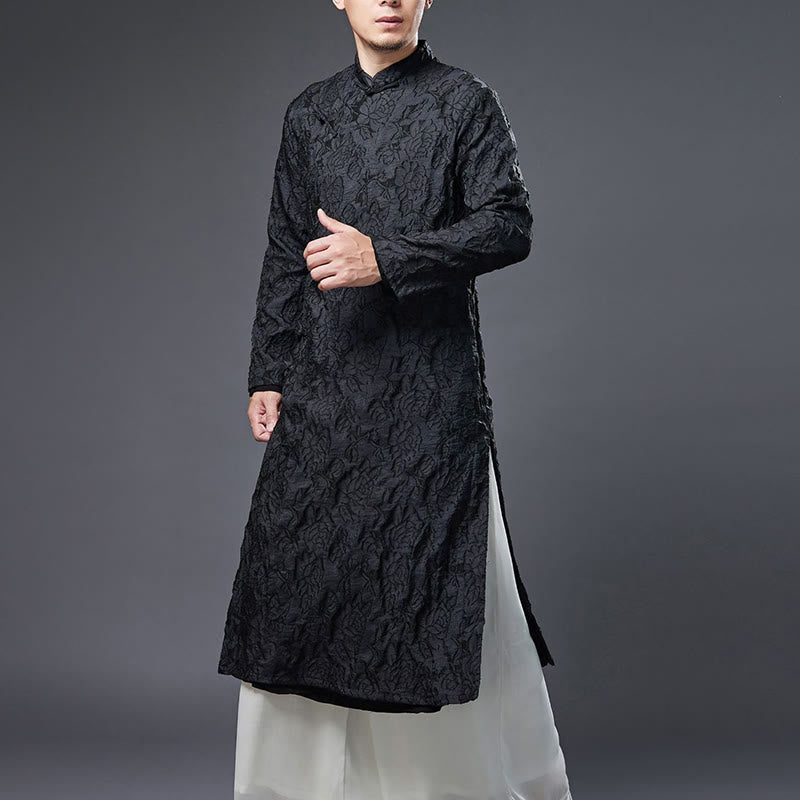 Fall Chinese Frog-Button Rose Peony Cotton Men's Tang Suit Robe - Image 5