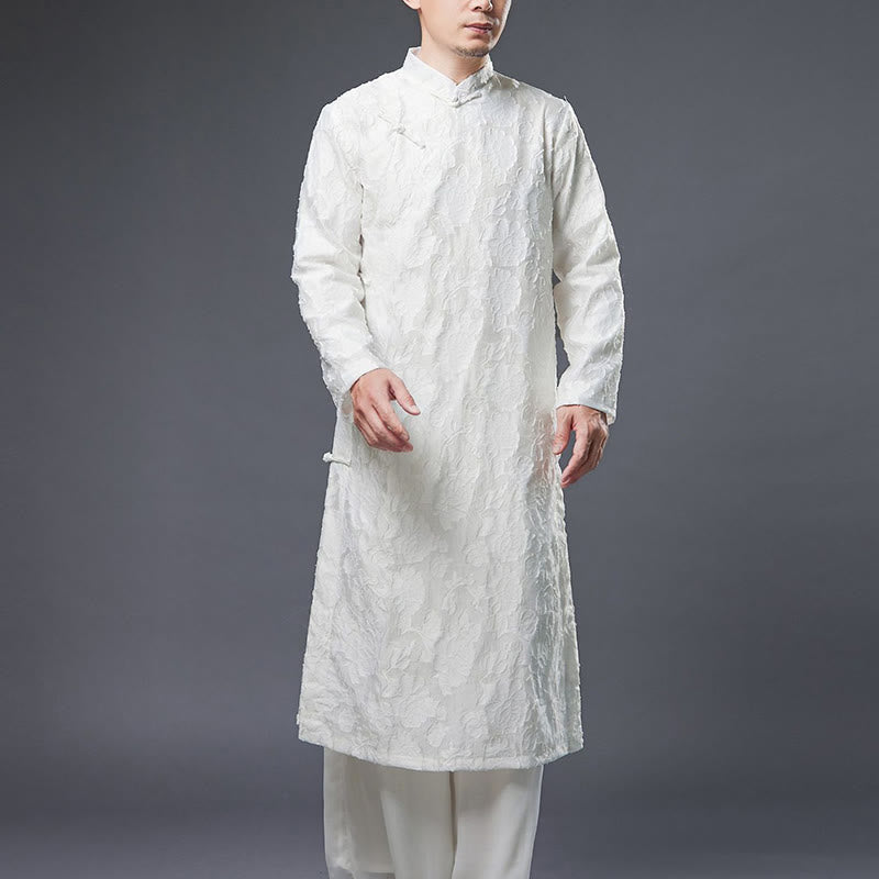 Fall Chinese Frog-Button Rose Peony Cotton Men's Tang Suit Robe - Image 12
