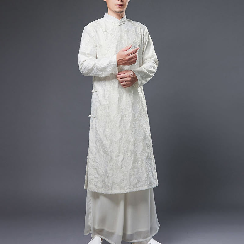 Fall Chinese Frog-Button Rose Peony Cotton Men's Tang Suit Robe - Image 16