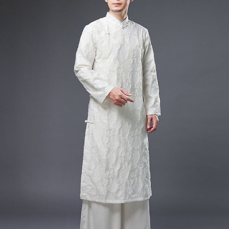 Fall Chinese Frog-Button Rose Peony Cotton Men's Tang Suit Robe - Image 11