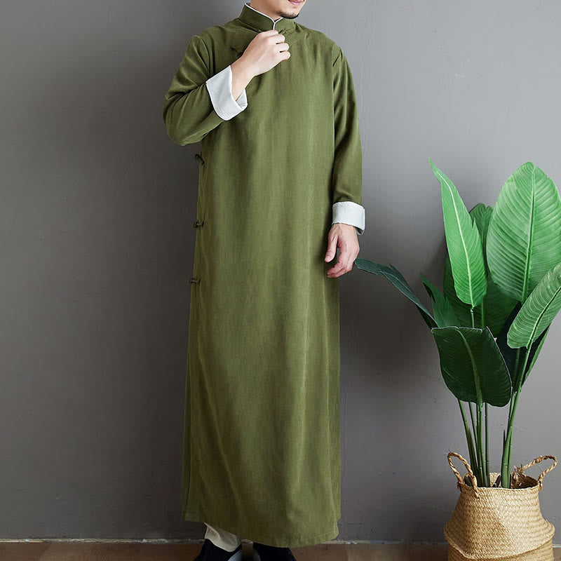 Fall Solid Color Chinese Frog-Button Cotton Men's Tang Suit Robe - Image 3