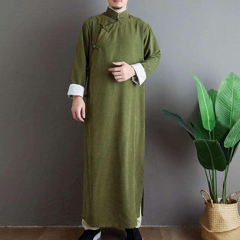Fall Solid Color Chinese Frog-Button Cotton Men's Tang Suit Robe