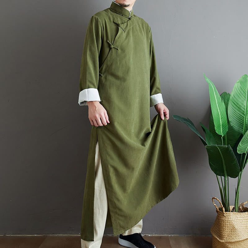 Fall Solid Color Chinese Frog-Button Cotton Men's Tang Suit Robe - Image 7