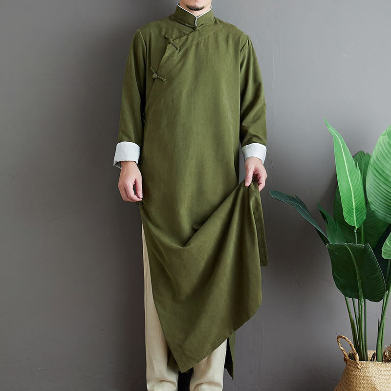 Fall Solid Color Chinese Frog-Button Cotton Men's Tang Suit Robe - Image 6
