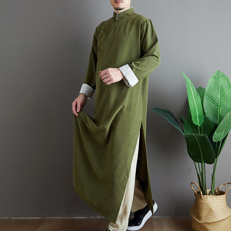 Fall Solid Color Chinese Frog-Button Cotton Men's Tang Suit Robe - Image 4