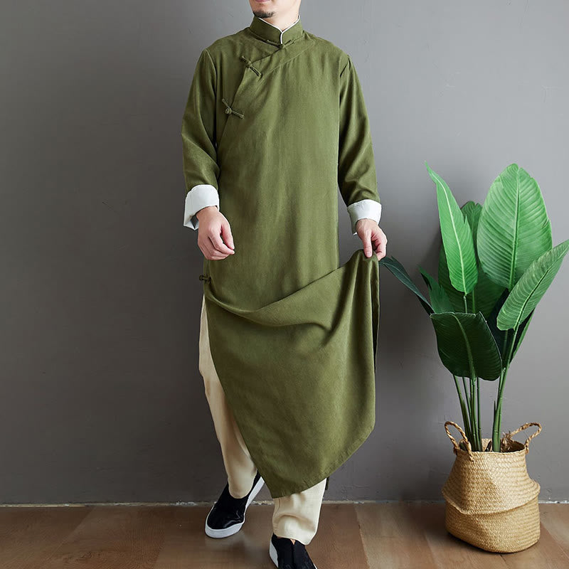 Fall Solid Color Chinese Frog-Button Cotton Men's Tang Suit Robe - Image 8