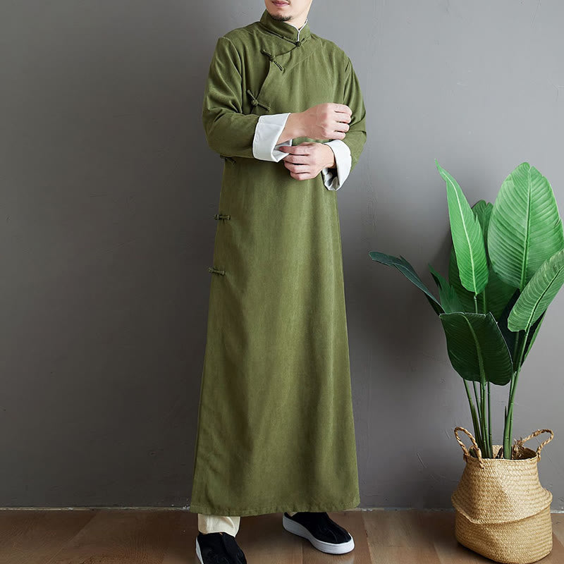 Fall Solid Color Chinese Frog-Button Cotton Men's Tang Suit Robe - Image 9