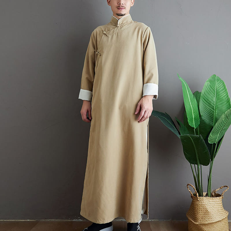 Fall Solid Color Chinese Frog-Button Cotton Men's Tang Suit Robe - Image 10