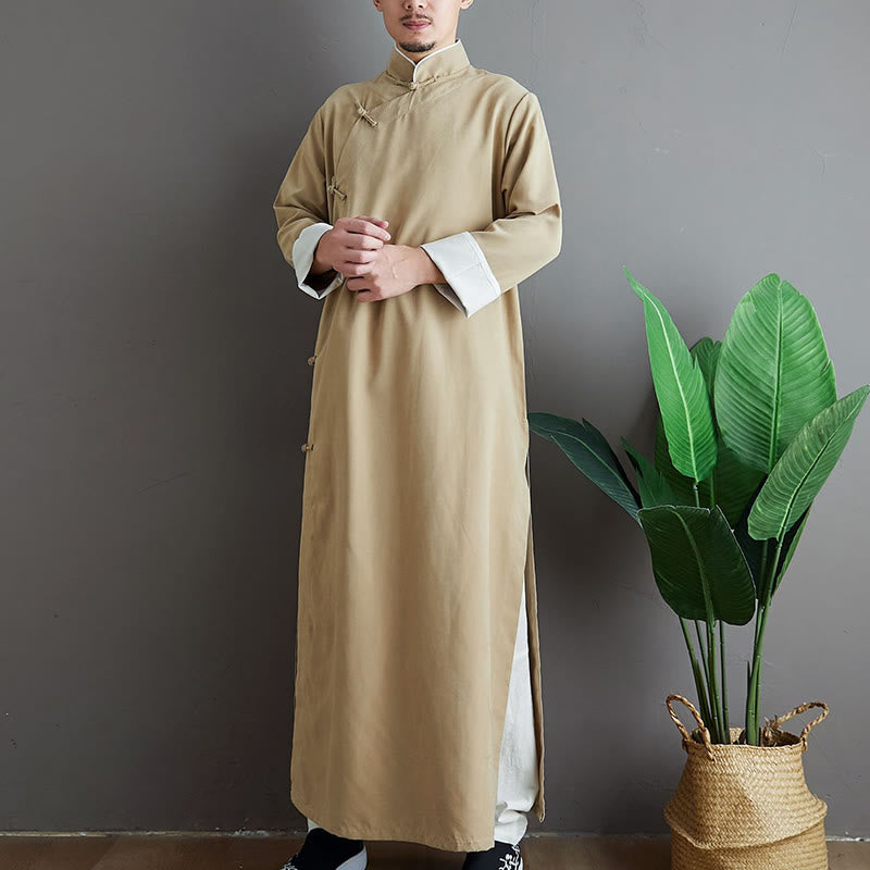 Fall Solid Color Chinese Frog-Button Cotton Men's Tang Suit Robe - Image 11