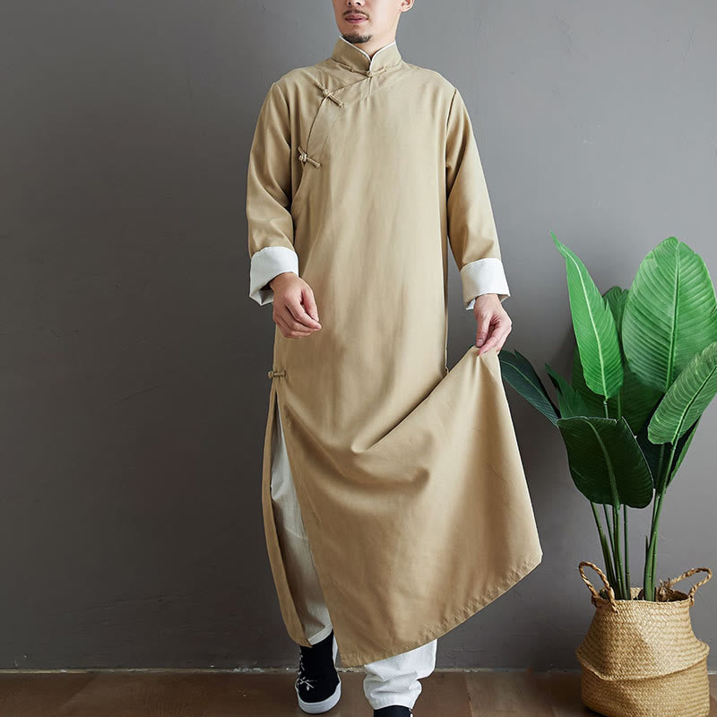Fall Solid Color Chinese Frog-Button Cotton Men's Tang Suit Robe - Image 15