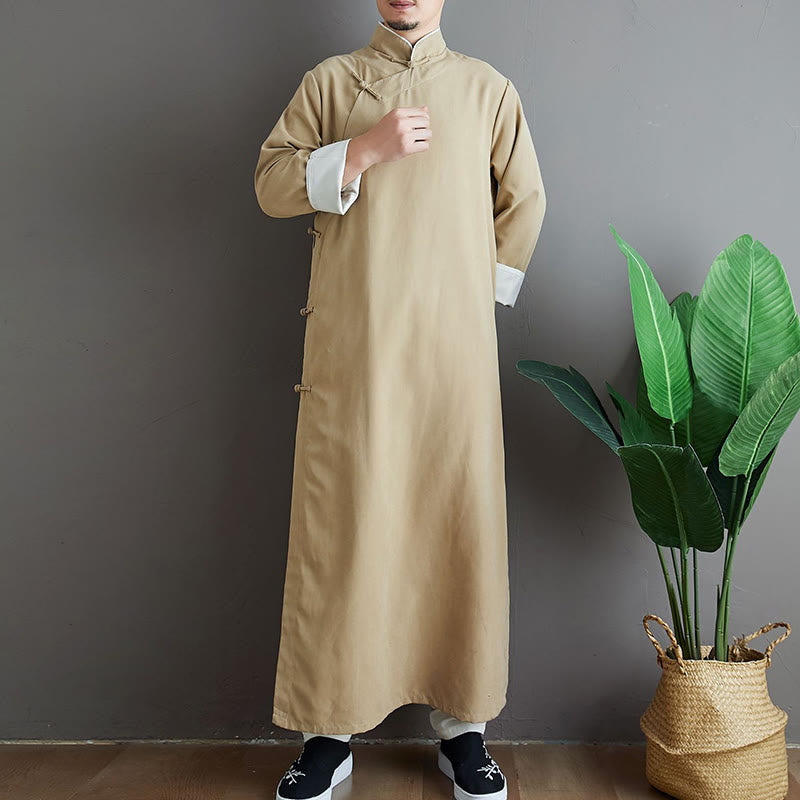 Fall Solid Color Chinese Frog-Button Cotton Men's Tang Suit Robe - Image 14
