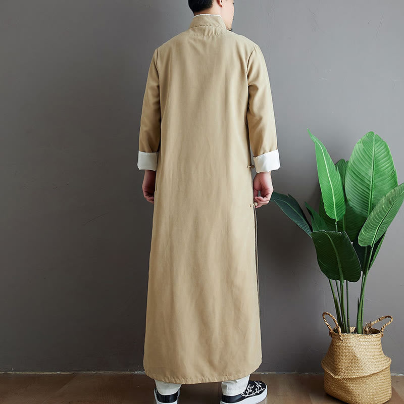 Fall Solid Color Chinese Frog-Button Cotton Men's Tang Suit Robe - Image 13