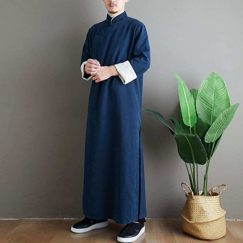 Fall Solid Color Chinese Frog-Button Cotton Men's Tang Suit Robe - Image 23