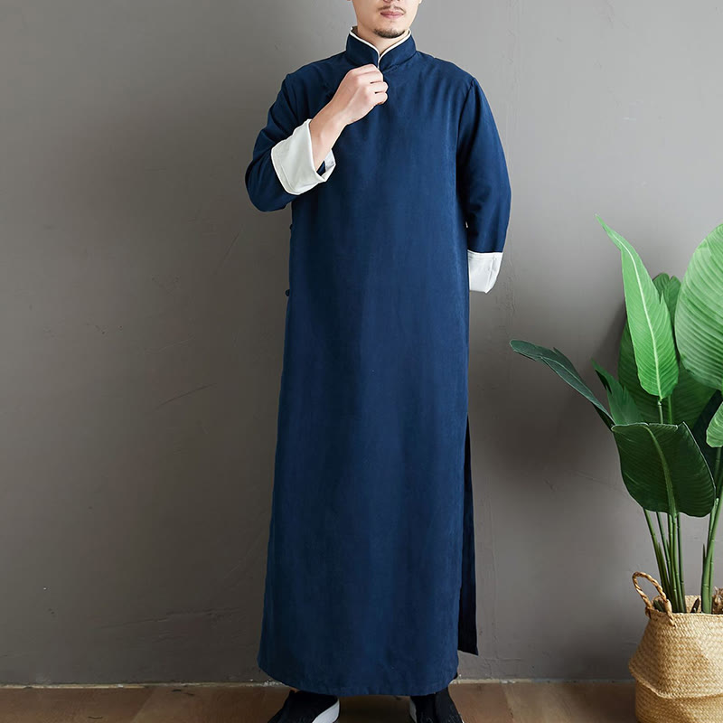 Fall Solid Color Chinese Frog-Button Cotton Men's Tang Suit Robe - Image 25