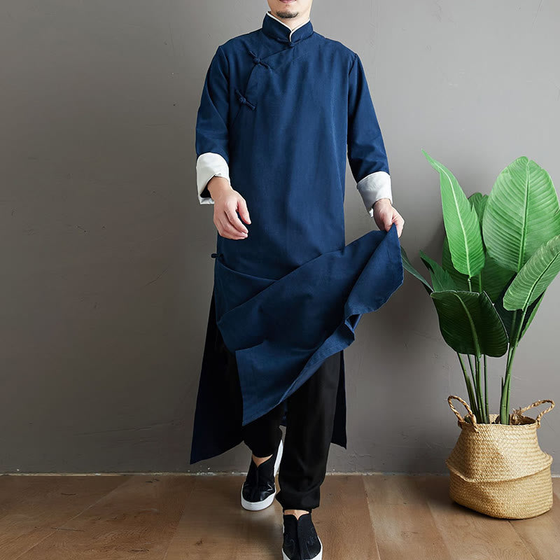 Fall Solid Color Chinese Frog-Button Cotton Men's Tang Suit Robe - Image 24