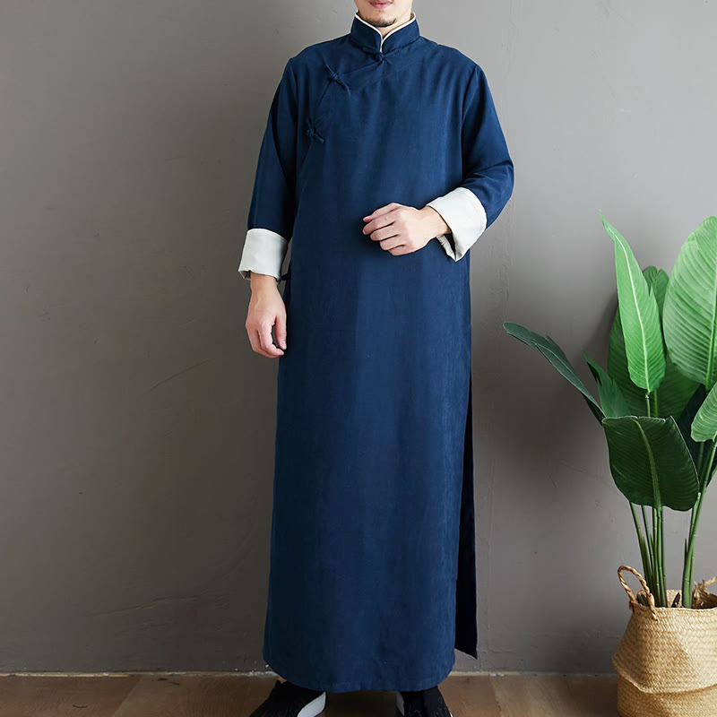 Fall Solid Color Chinese Frog-Button Cotton Men's Tang Suit Robe - Image 26