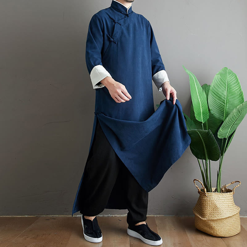 Fall Solid Color Chinese Frog-Button Cotton Men's Tang Suit Robe - Image 27