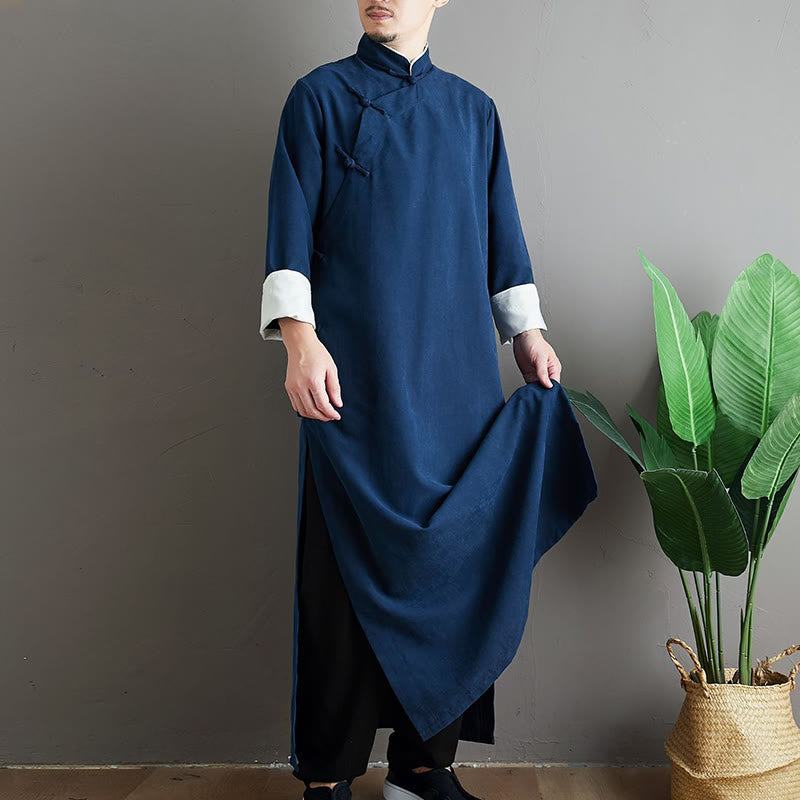 Fall Solid Color Chinese Frog-Button Cotton Men's Tang Suit Robe - Image 22