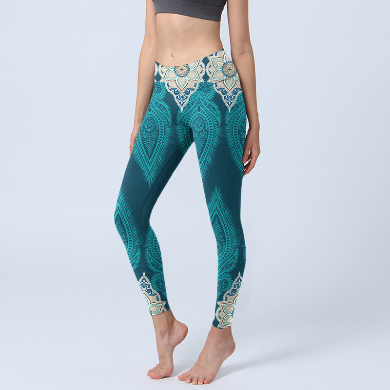 Green Feather Flower Print Gym Fitness Leggings Women's Yoga Pants