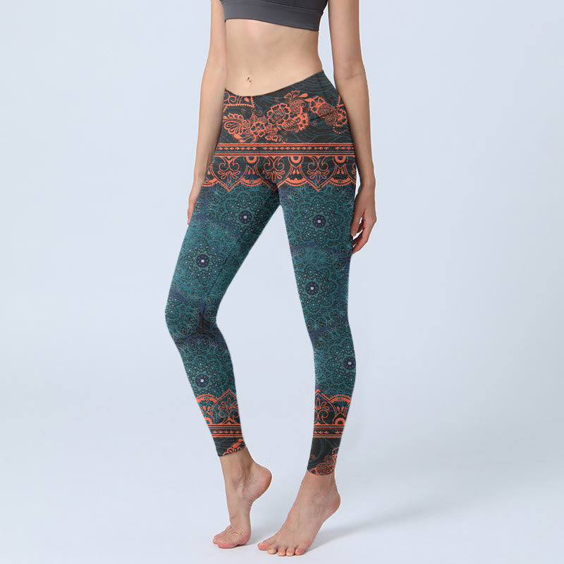Green Mandala Flower Print Gym Fitness Leggings Women's Yoga Pants