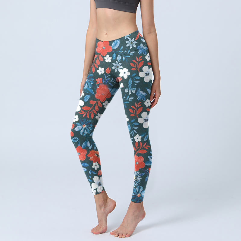 Red White Flower Dandelion Print Gym Fitness Leggings Women's Yoga Pants