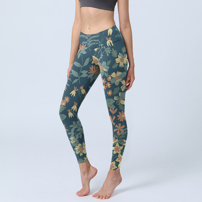 Casual Daisy Flowers Leaves Print Gym Fitness Leggings Women's Yoga Pants
