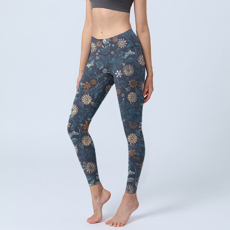 New York Aster Flowers Leaves Print Gym Fitness Leggings Women's Yoga Pants