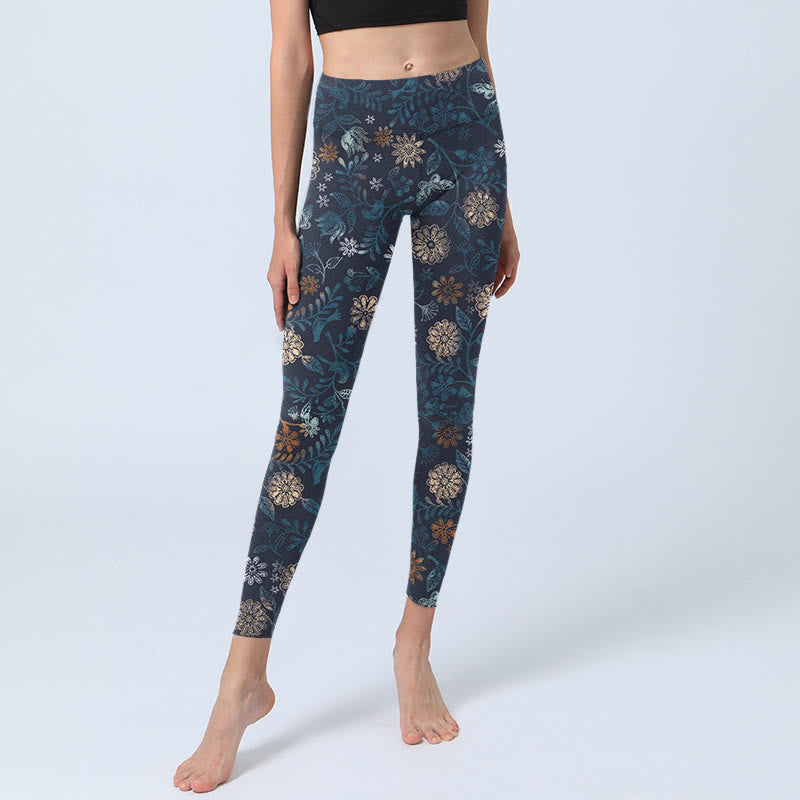 New York Aster Flowers Leaves Print Gym Fitness Leggings Women's Yoga Pants - Image 6