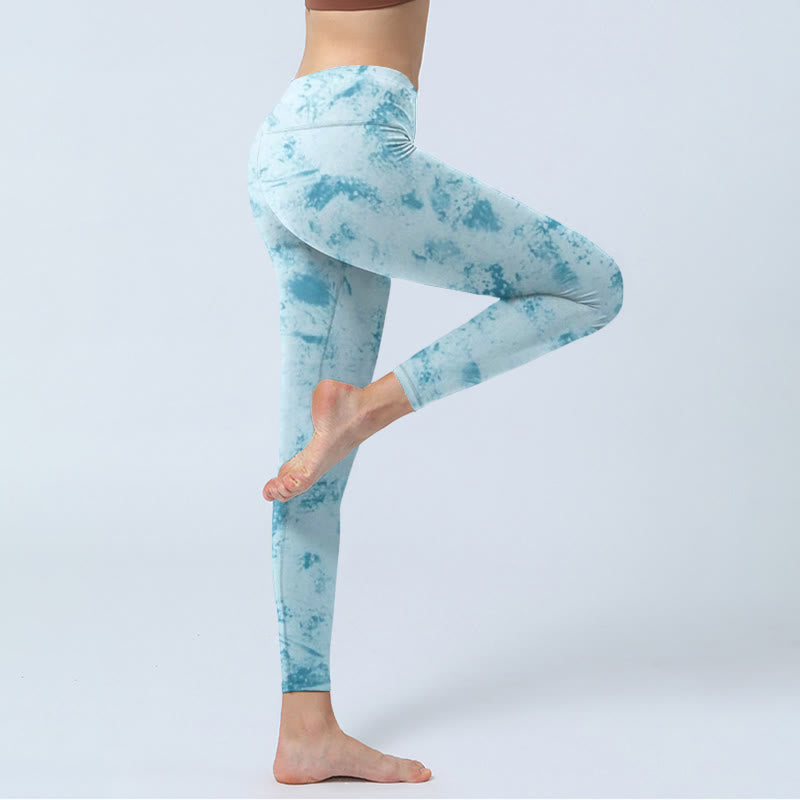 Light Blue Tie-dye Print Gym Fitness Leggings Women's Yoga Pants - Image 4
