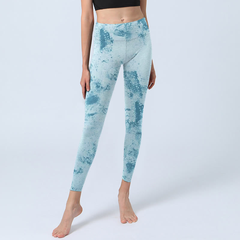 Light Blue Tie-dye Print Gym Fitness Leggings Women's Yoga Pants - Image 6