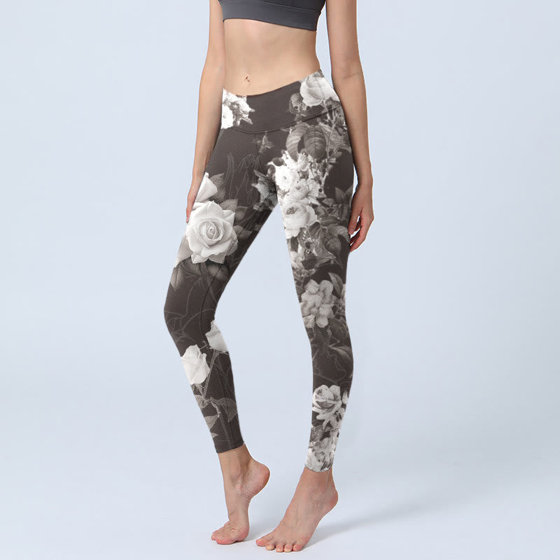 Gray White Rose Print Gym Fitness Leggings Women's Yoga Pants
