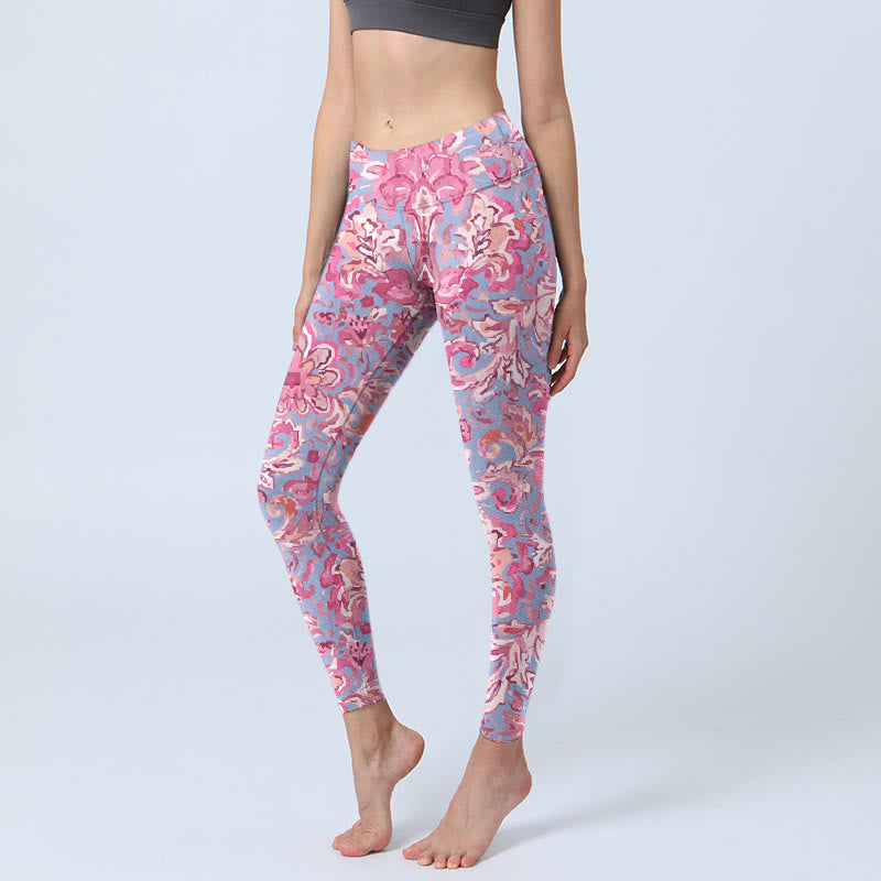 Pink Flowers Print Gym Fitness Leggings Women's Yoga Pants