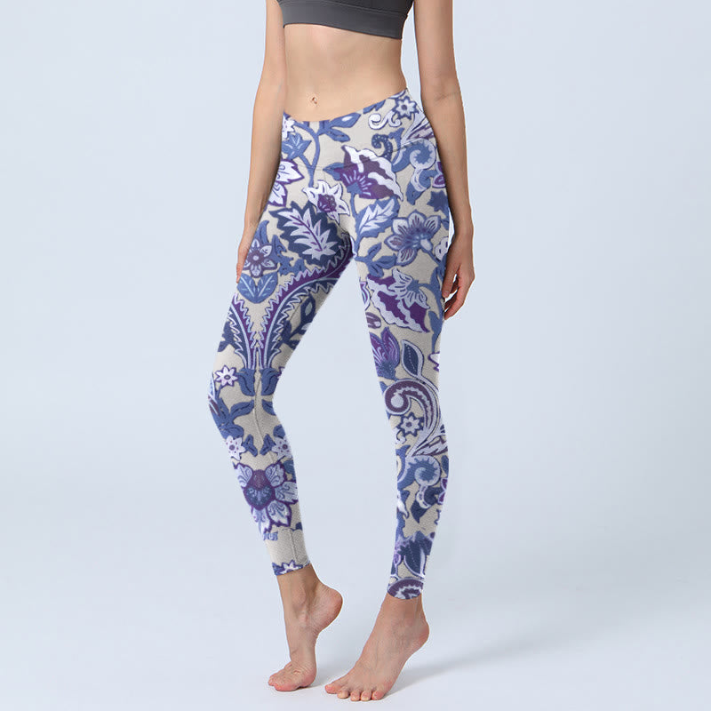 Purple Flower Leaves Print Gym Fitness Leggings Women's Yoga Pants