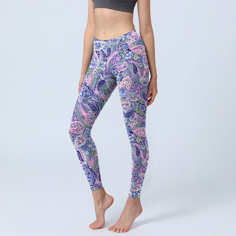 Purple Pink Cashew Flower Print Gym Fitness Leggings Women's Yoga Pants