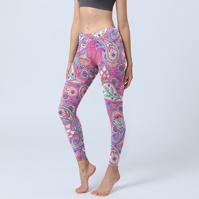 Purple Pink Cashew Flower Sunflower Print Gym Fitness Leggings Women's Yoga Pants