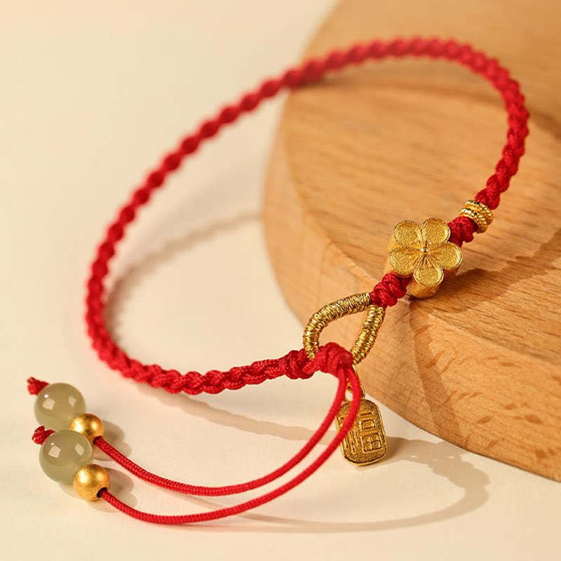 Hetian Jade Small Peach Blossom Fu Character Charm Luck String Bracelet - Image 3