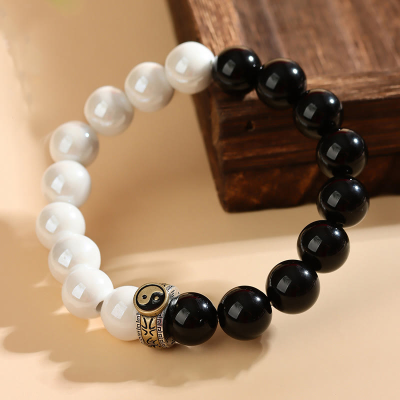 Black Obsidian White Porcelain Beads Yin Yang Fulfilment Bracelet