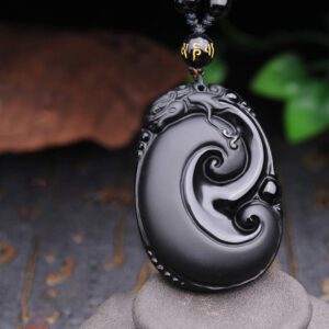 Natural Black Obsidian PiXiu Oval Pattern Strength Necklace Pendant