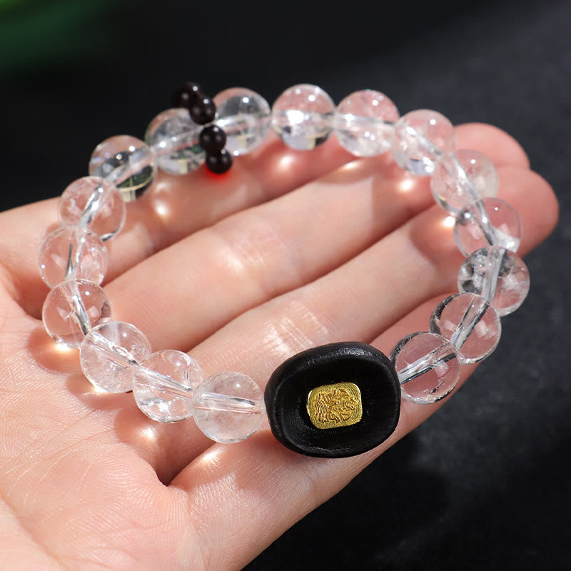 White Crystal Ebony Wood Sak Yant Zashi Lhamo Healing Bracelet - Image 10