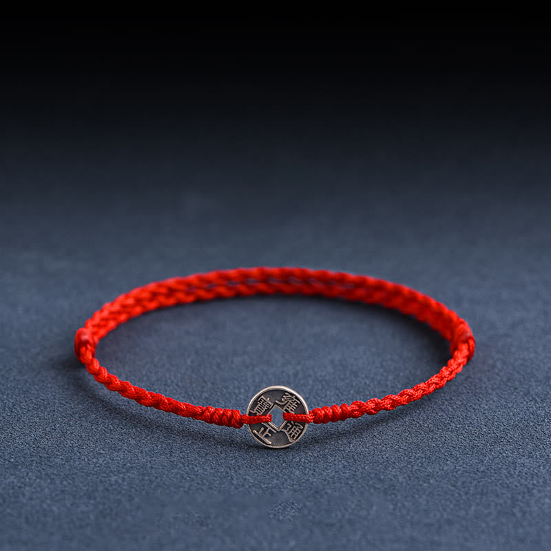 925 Sterling Silver Five Emperor Coins Red String Protection Luck Braided Bracelet Anklet