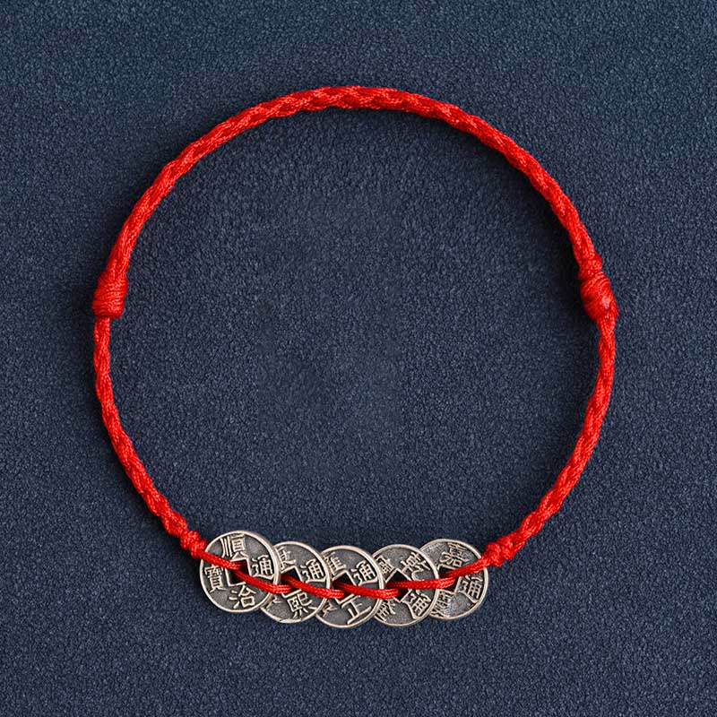 925 Sterling Silver Five Emperor Coins Red String Protection Luck Braided Bracelet Anklet - Image 15