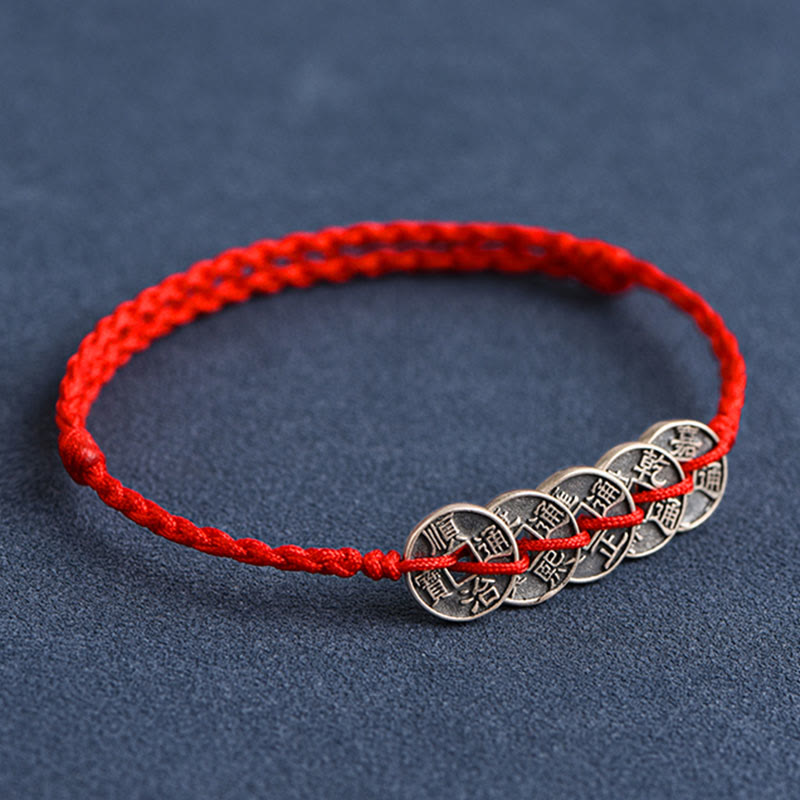 925 Sterling Silver Five Emperor Coins Red String Protection Luck Braided Bracelet Anklet - Image 16