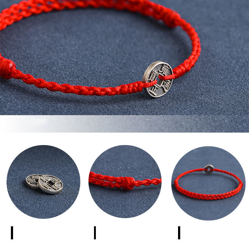 925 Sterling Silver Five Emperor Coins Red String Protection Luck Braided Bracelet Anklet - Image 5