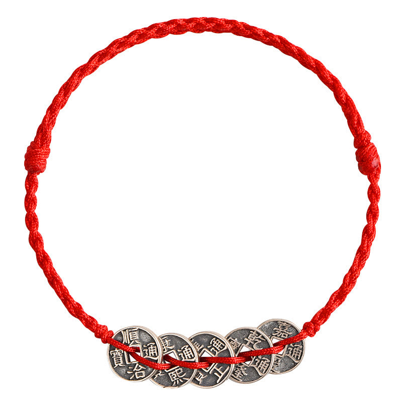 925 Sterling Silver Five Emperor Coins Red String Protection Luck Braided Bracelet Anklet - Image 18