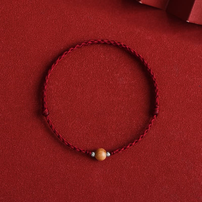 Natural Peach Wood Bead Luck Braided Bracelet Anklet