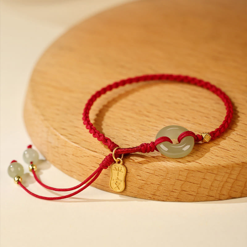 Natural Hetian Jade Peace Buckle Red String Luck Braided Bracelet
